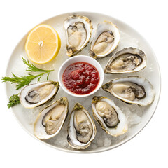 Oyster Plate with Cocktail Sauce and Lemon Isolated on White Background