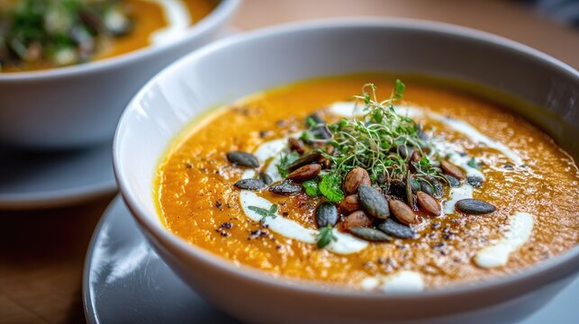 Creamy orange soup in bowls, topped with seeds and herbs
