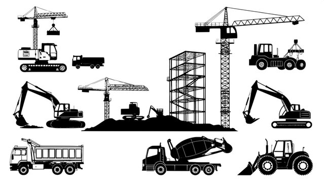 A grid of black silhouettes showing different types of construction site vehicles and equipment.
The silhouettes include excavators, bulldozers, cranes, forklifts, cement mixers, dump trucks, and scaf