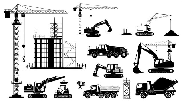 A grid of black silhouettes showing different types of construction site vehicles and equipment.
The silhouettes include excavators, bulldozers, cranes, forklifts, cement mixers, dump trucks, and scaf