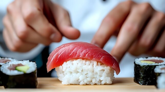 Fresh tuna nigiri sushi with rice on wooden board, selective focus on bright red fish, with maki rolls and chef hands in background preparing meal.