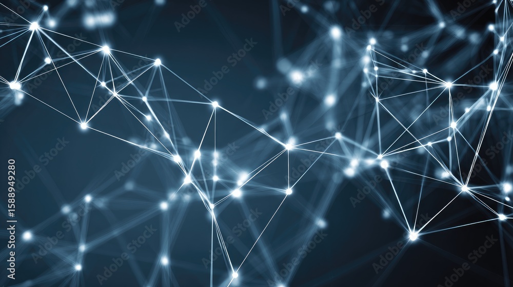 Poster abstract connection map with floating nodes on a blue tech grid