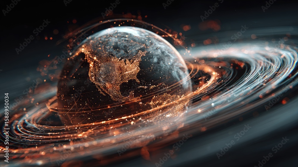 Poster abstract globe with interconnected nodes and circuits, representing global digital innovation