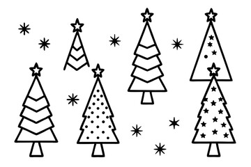 Christmas Tree Set with Star Minimal Line Art Vector