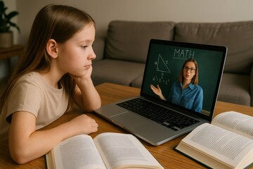 Young girl attentively studying math online with a laptop, surrounded by open books, highlighting digital learning and education