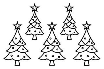 Christmas Tree Set with Star Minimal Line Art Vector