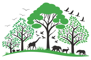 Silhouette of african animals under green trees with birds flying in a white background scene