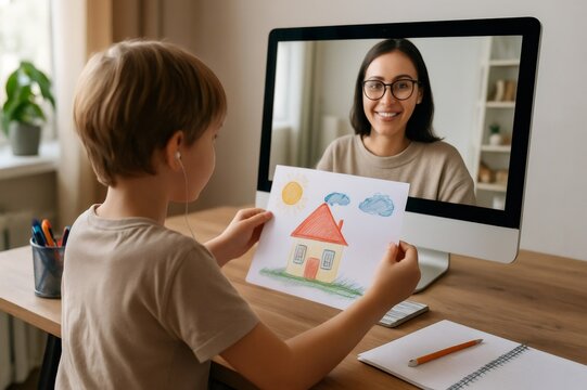 Young boy proudly shows his colorful drawing to a smiling teacher during an online art class, fostering creativity and digital learning