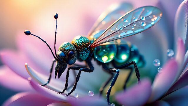 a detailed macro image of a fantastical crystal insect with glowing blue and green liquids inside its body, resting on a soft pink flower petal with water droplets on its transparent wings.