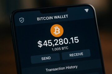 Cryptocurrency bitcoin wallet app showing high balance in US dollars with send and receive buttons