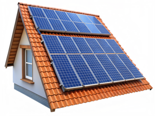 House roof with multiple blue solar panels and terracotta tiles isolated on a transparent background