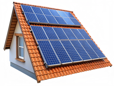 House roof with multiple blue solar panels and terracotta tiles isolated on a transparent background