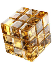 Golden Cubes Arranged Into A Larger Cube Formation With Realistic Light Reflection On A Transparent Background