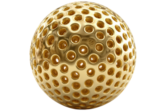 Golden sphere with repeating circular perforations against black offering potential for conceptual or design integration