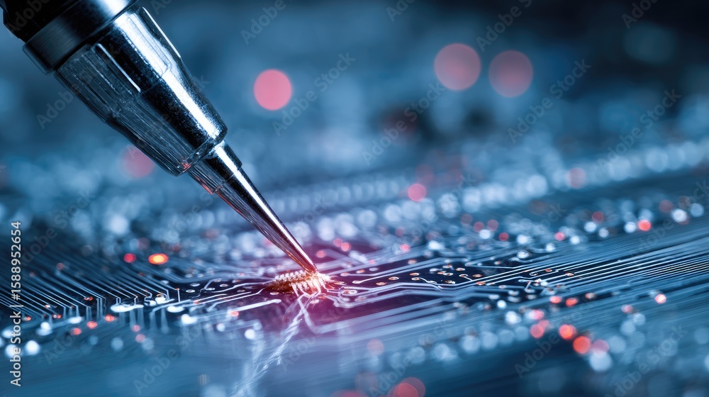 Poster close-up of nanotechnology tools operating on micro-level circuit boards