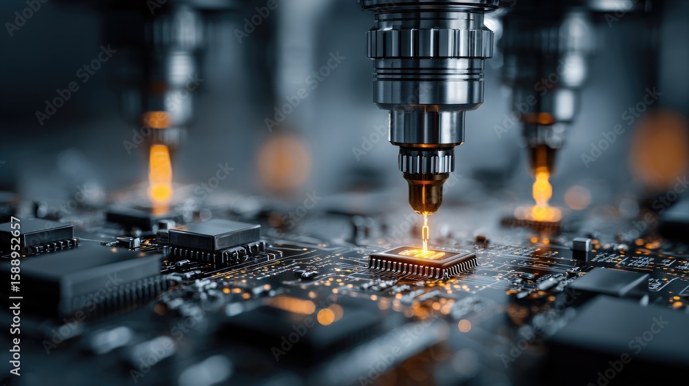 Poster close-up of nanotechnology tools operating on micro-level circuit boards