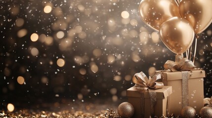 Colorful gift boxes with helium balloons and sparkling confetti on soft bokeh background for birthday celebration, party invitation, or festive event decor




