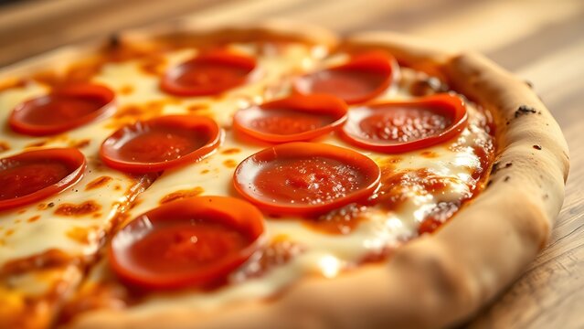 Close-up of a pepperoni pizza with melted cheese, showcasing appetizing details.