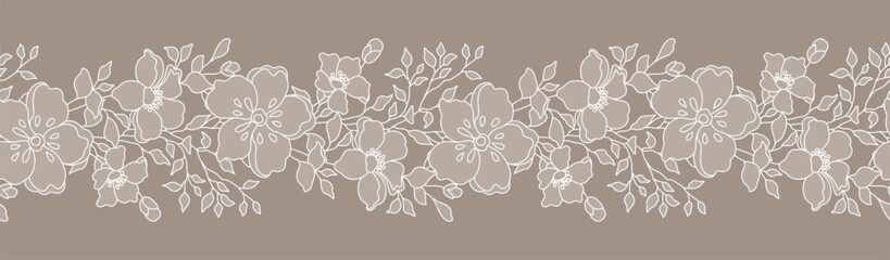 Fototapeta premium Lace floral border with branches, leaves and flowers. Beige seamless horizontal background with a beautiful hand drawn garland. Vector illustration