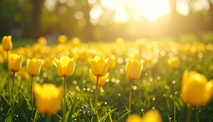 Yellow tulips swaying in a gentle breeze across a lush green meadow, captured in stunning clarity. 