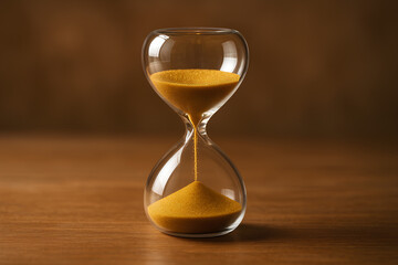 A golden hourglass with yellow sand flowing from one chamber to the other on a wooden surface.