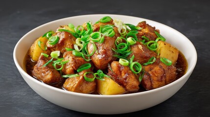 Fototapeta premium Delicious Chicken Adobo with Tender Potatoes and Fresh Green Onions Served in a Bowl on a Dark Background