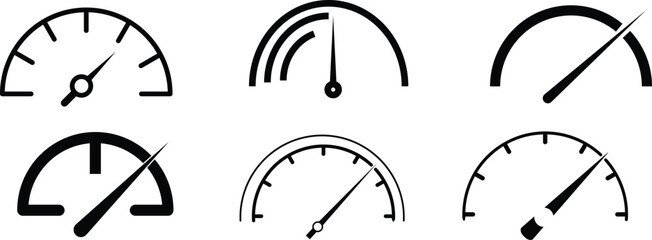Dashboard speedometer icons set. Speed signs. Speedometer black icons set. Speed indicator, Internet car speed. Performance concept. Speedometer set.Vector illustration.
