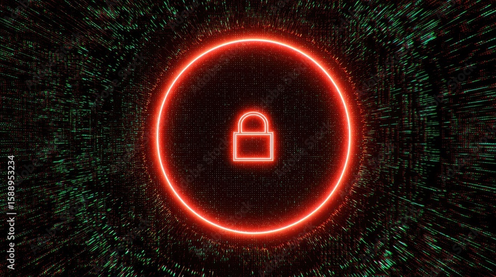 Poster cybersecurity theme with digital lock icon surrounded by moving code and neon border