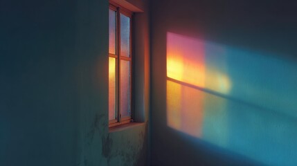 Window in dimly lit room, colorful sunset
