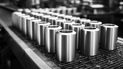 Obraz premium Cylindrical steel components placed neatly on a factory conveyor belt, ready for automated assembly