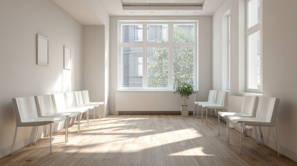 Minimalist waiting room with large windows and soft natural light