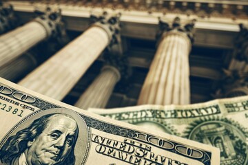 Us one hundred dollar bills lying on a surface with government building columns in the background representing finance, banking, or investment