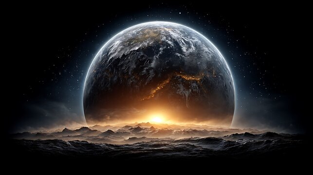 Sunrise over the curve of planet Earth with glowing atmosphere, stars in the background, symbolizing the dawn of a new ecological era. 