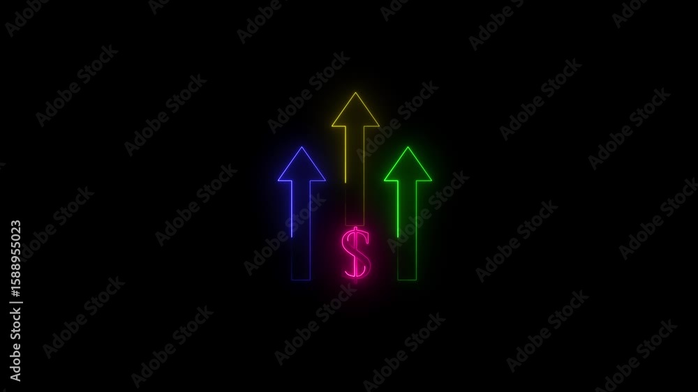 Poster up arrow dollar icon sign with upward on black background.neon line dollar sign with upward animatio