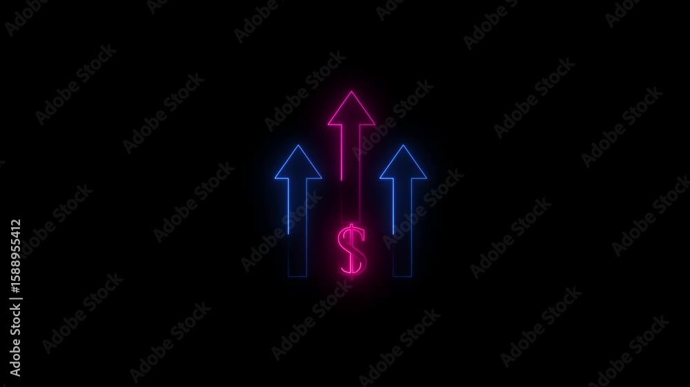 Poster up arrow dollar icon sign with upward on black background.neon line dollar sign with upward animatio