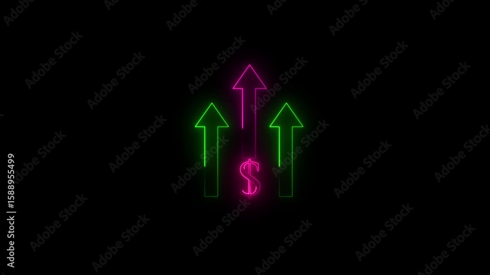 Poster up arrow dollar icon sign with upward on black background.neon line dollar sign with upward animatio