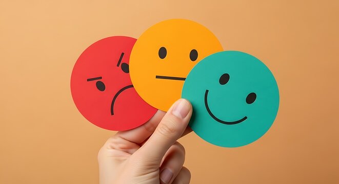 Hand holding three colored paper circles representing different emotions
