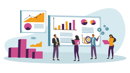 Team analyzing data charts and graphs together in a business meeting presentation setting displayed on screen