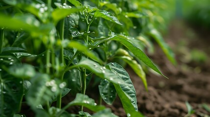 Obraz premium Bell Pepper Plants With Early Whitefly Infestation. Small White Insects Cluster On The Back Of Leaves; Some Curling Is Visible. No Background Distractions. Good For Pest