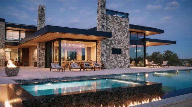 Modern luxury house with pool and outdoor fireplace at dusk