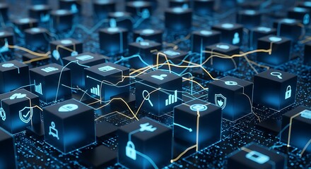 Abstract digital network with glowing icons and data streams