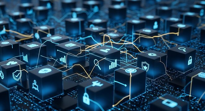 Abstract digital network with glowing icons and data streams