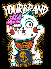 Fototapeta premium tshirt design illustration streetwear clothing monster brain maneki neko coin bell