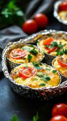 Colorful breakfast muffins made with eggs, peppers, and peas are presented on a wooden tray, showcasing a hearty and healthy start to the day in a warm kitchen