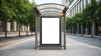 Blank advertising billboard at modern city bus stop on empty street

