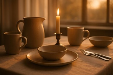 Fototapeta premium Warm candlelight illuminates a rustic table setting with ceramic tableware, creating a cozy ambiance at sunset