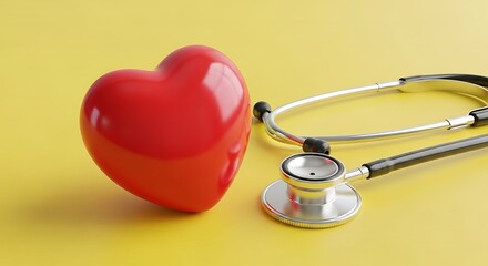A shiny red heart and a stethoscope on a bright yellow background