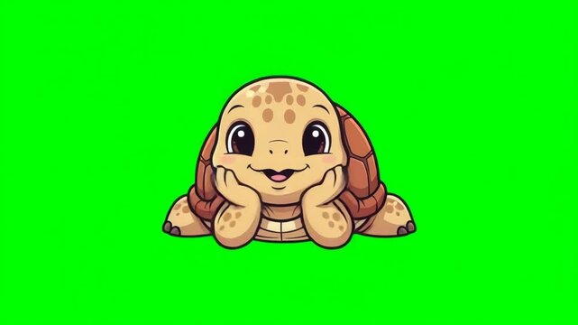 Adorable Brown Cartoon Tortoise on Green Background