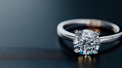 Elegant solitaire engagement ring with round brilliant cut diamond in classic four-prong setting on dark background, showcasing sparkle and luxury jewelry craftsmanship.