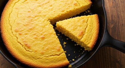 Golden cornbread baked to perfection in a cast iron skillet ready for serving fresh.